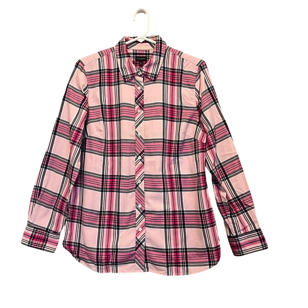 Talbots Button Down Shirt Women M Pink Plaid Long Sleeve Cotton Preppy Classic